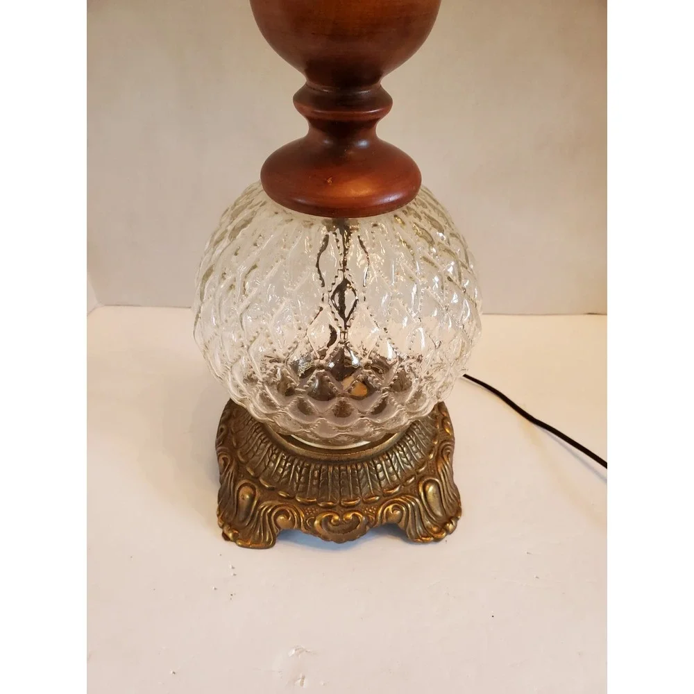 Beautiful Vintage Mid Century Clear Optical Glass, Brass & Wood Table Lamp